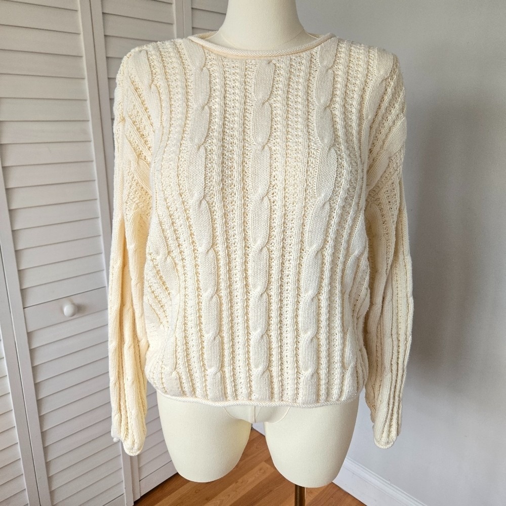 Ivory Cable Knit 100% Cotton Rolled Neck Sweater XL Preppy Fisherman Minimalist - Picture 1 of 10